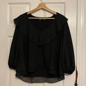 Zara black medium top plunge neck balloon sleeves